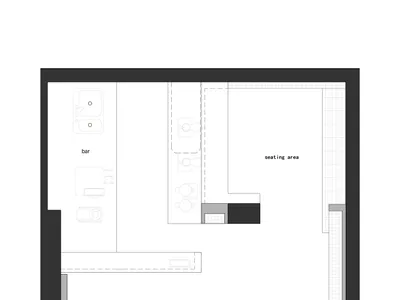 2D floor plan of a modern hotel with a sitting area, bar, and dining area, featuring linework, labels, and measurements