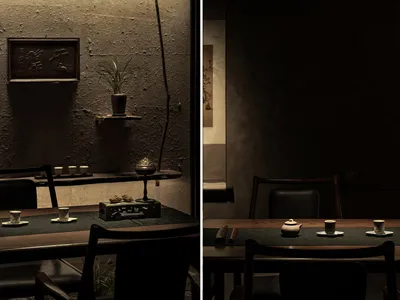 Dining area with chairs, tables, and a potted plant, set up for customers with cups and a comfortable atmosphere