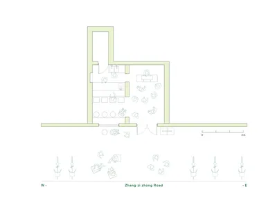 A modern hotel floor plan with various rooms and spaces labeled, featuring a ground level and upper floors, with clean lines and minimalistic design elements
