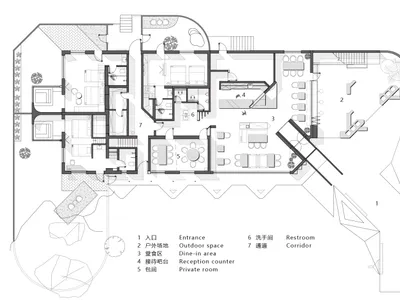 2D floor plan of a modern hotel with various rooms, entrances, and exits, featuring linework, labels, and measurements