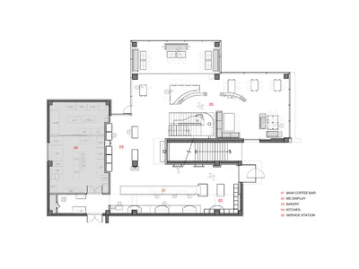 2D floor plan of a hotel with modern and traditional elements, featuring a kitchen, dining room, living room, and bedrooms, with white materials and natural light