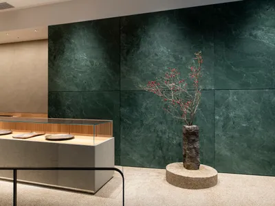 Elegant showroom with a large green marble wall, a small tree in a pot, and displayed items against a luxurious backdrop