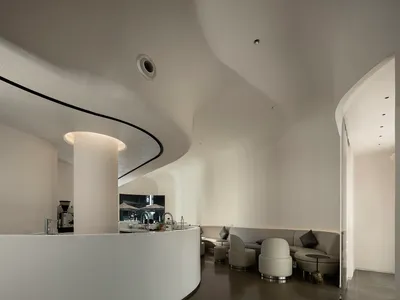 現代餐廳內部，弧形牆面、座位區、餐桌與盆栽綠植