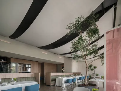 優雅室內用餐空間，配有大型餐桌、多把椅子與盆栽