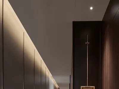 A quiet and peaceful hallway with wooden walls and floors, suggesting a well-maintained and clean environment