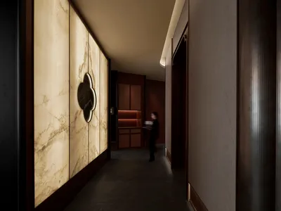 A luxurious hotel hallway with a marble floor, featuring a woman walking down the hall and a person at the end, with two doors on either side