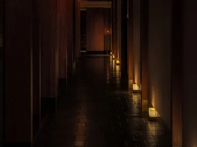 現代飯店走廊，木質牆面與地板，頂燈照明，為住客營造舒適氛圍