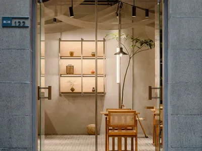 A showroom with chairs, a dining table, and potted plants, surrounded by natural light from a large window