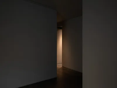 Empty dimly lit hallway with white walls and wooden floors