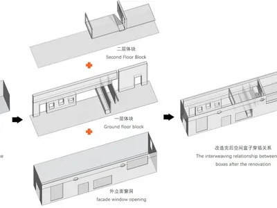 Architectural drawing of a modern hotel with multiple levels, labeled rooms, and stairs, featuring a mix of grayscale and orange accents