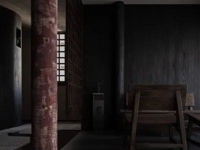 深色調餐廳空間，配有木桌與椅子，周圍環繞黑色牆面