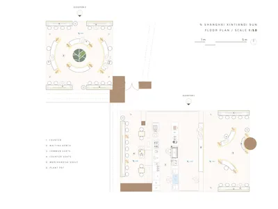 2D floor plan of a modern restaurant with wood and metal elements, featuring seating arrangements, potted plants, and dim lighting