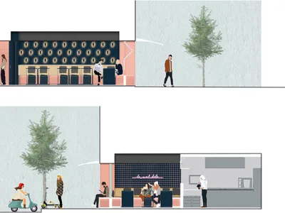 粉白牆面、木質地板與自然光線的活潑餐廳內部，設有桌椅與用餐人群