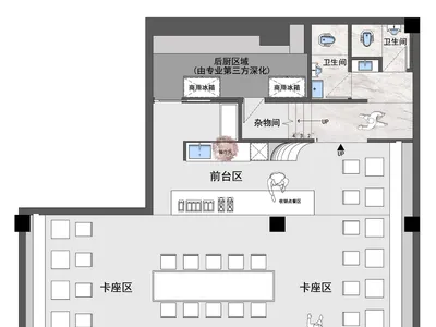 飯店或辦公空間的黑白平面圖，包含餐廳區、休息室及可能有酒吧等各式房間與空間，採光良好且優雅