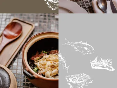 餐廳區域擺放盤子與餐具，包括盛有魚與麵條的碗、魚料理盤子，以及湯匙