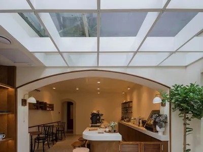 Inviting restaurant kitchen with a dining area, countertop, sink, dining table, chairs, potted plants, and bottles on display