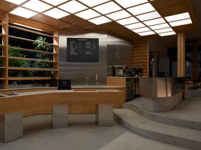 A modern restaurant counter with two sinks and a menu board, surrounded by potted plants in a clean and well-organized space