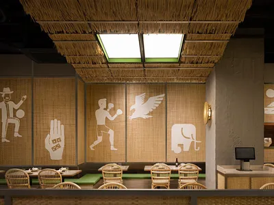 編織天花板的餐廳區域，配有椅子與餐桌，周圍環繞酒瓶與溫馨氛圍