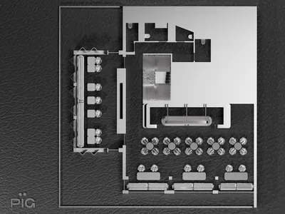 2D floor plan of a modern restaurant with steel and glass walls and ceiling, featuring multiple dining tables and chairs, with daytime lighting