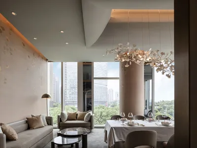 Elegant living space with a city view, two couches, a dining table, and decorative elements