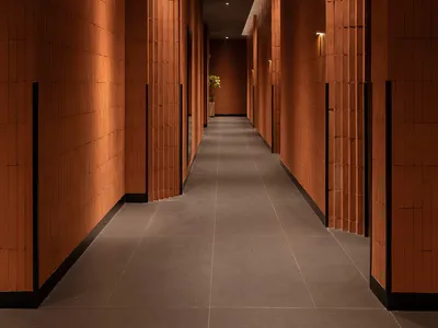 一條長而經典的飯店走廊，配有木質地板與牆面，設有兩扇門及中央盆栽，散發歷史與優雅氣息