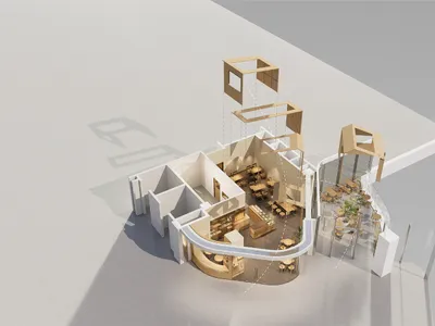 木頭與玻璃元素的現代餐廳內部，設有多處座位區與餐桌
