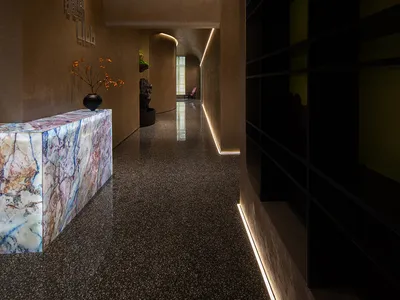 Elegant hallway with a stone wall, marble countertop, and two potted plants adding greenery to the space