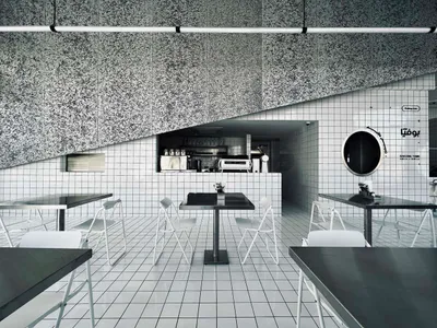 空蕩蕩的餐廳內部，白色桌椅，清潔且井然有序，準備好迎接顧客