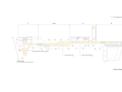 White and black floor plan of a modern hotel with various rooms and spaces, including a lobby and restaurant