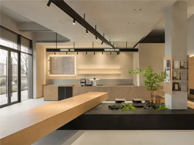 Modern restaurant interior with a large counter area, wooden counters, and potted plants