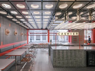 設有吧台與餐桌的休閒餐廳內部，包含收銀區與兩人