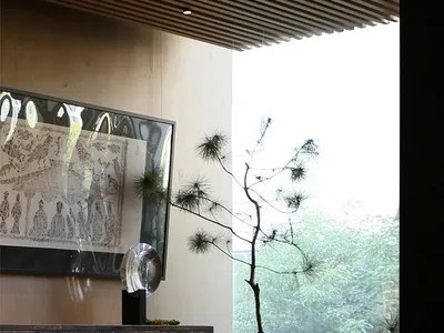 室內設計特色包括玻璃櫃門、兩把椅子、花瓶與盆栽，位於光線充足的房間