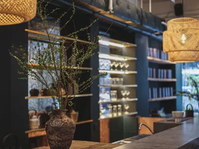 Elegant interior design showroom with a wooden table, greenery, wine glasses, and books, creating a sophisticated ambiance