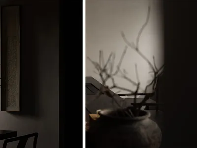 Dimly lit living room with black and white decor, chairs, and a vase, viewed from both inside and outside