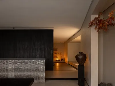 Empty minimalist living room with a black countertop, two vases, and a potted plant, creating a calm atmosphere