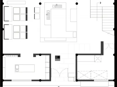 現代住宅的詳細 2D 平面圖，標示房間，包括廚房、餐廳區、客廳與臥室，展現乾淨整潔的布局