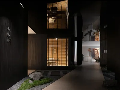 亞洲風格黑外牆住宅，擁有大片窗戶、兩張椅子，以及溫馨舒適的客廳區內的餐桌