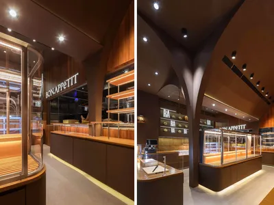 木質元素的餐廳內部，溫暖氛圍，顧客享用餐點，外觀展示燈光明亮的入口