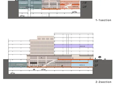 Architectural rendering of a modern building with clean lines, neutral tones, and sophisticated lighting, featuring a restaurant and hotel with multiple levels and sections