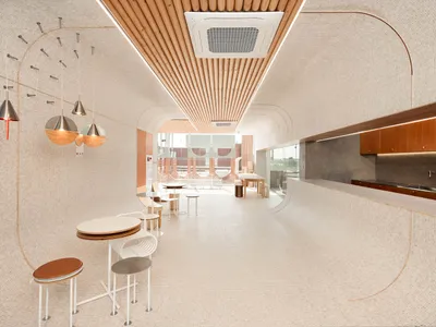 Modern restaurant interior with multiple dining tables, chairs, and tiled flooring