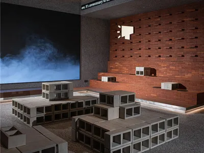 現代室內設計展廳，展示木質地板上的堆疊積木，營造幾何簡約氛圍