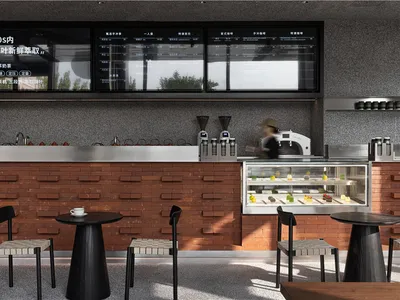 Casual cafe interior with a brick wall, countertop, chairs, and scattered cups and bowls, set against a warm and inviting atmosphere
