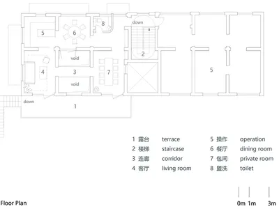 Architectural floor plan of a modern building with concrete and wood materials, featuring living rooms, bedrooms, dining areas, staircases, hallways, and balconies