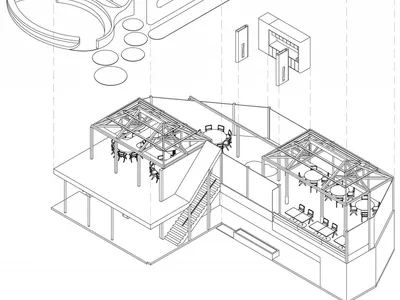 現代建築的 2D 平面圖，包含餐廳與廚房區域，中性色調與乾淨線條