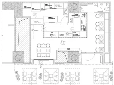 Black and white floor plan of a large building with dining areas and sinks, featuring linework, labels, and measurements