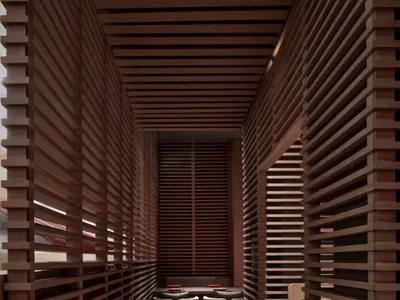 木牆現代廚房餐廳空間，含水槽與垃圾桶，展現機能舒適的氛圍
