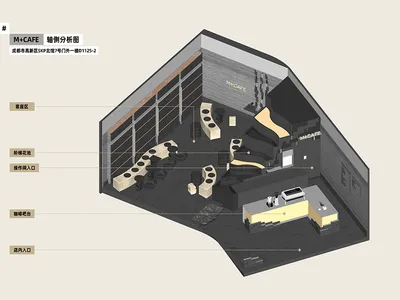 工業時尚風格的餐廳內部，包含餐桌、椅子與吧台，背景可見汽車
