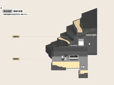 現代咖啡廳的2D平面圖，包含用餐區與廚房，附線稿、標註與符號