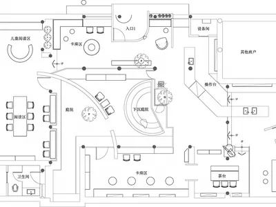 2D floor plan of a modern restaurant with various rooms, including dining areas, kitchens, and restrooms, featuring white surfaces and clean lines