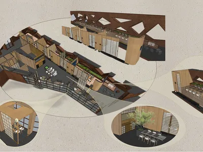 Modern restaurant interior with potted plants, tables, and chairs, creating a comfortable atmosphere
